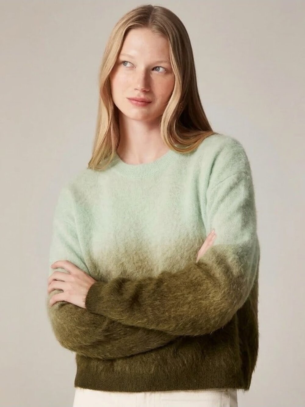 NWT J.Crew Dip-dyed Brushed Cashmere Crewneck Sweater in Sea Mist Pine XXS